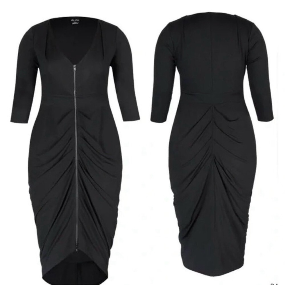 CITY Chic Zip Front Drape Long Sleeve Black Dress size 20W